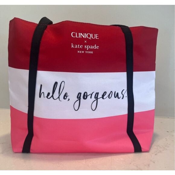 Clinique x Kate Spade Hello Gorgeous Tote Bag Pink Red Colorblock Stripe - Picture 1 of 8